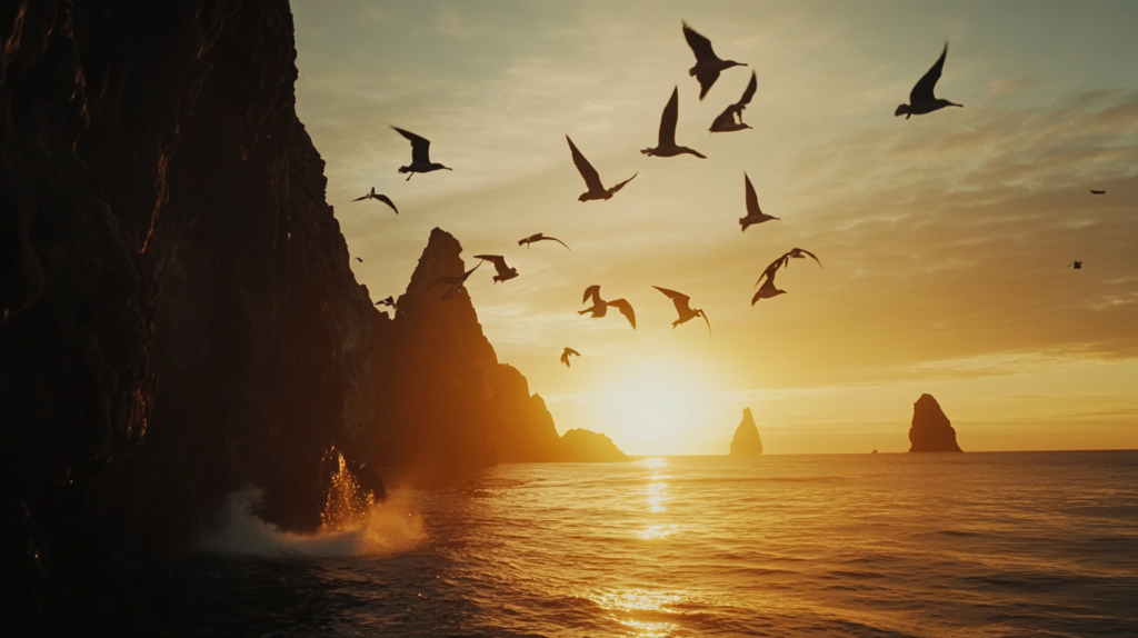a group of birds flying over water