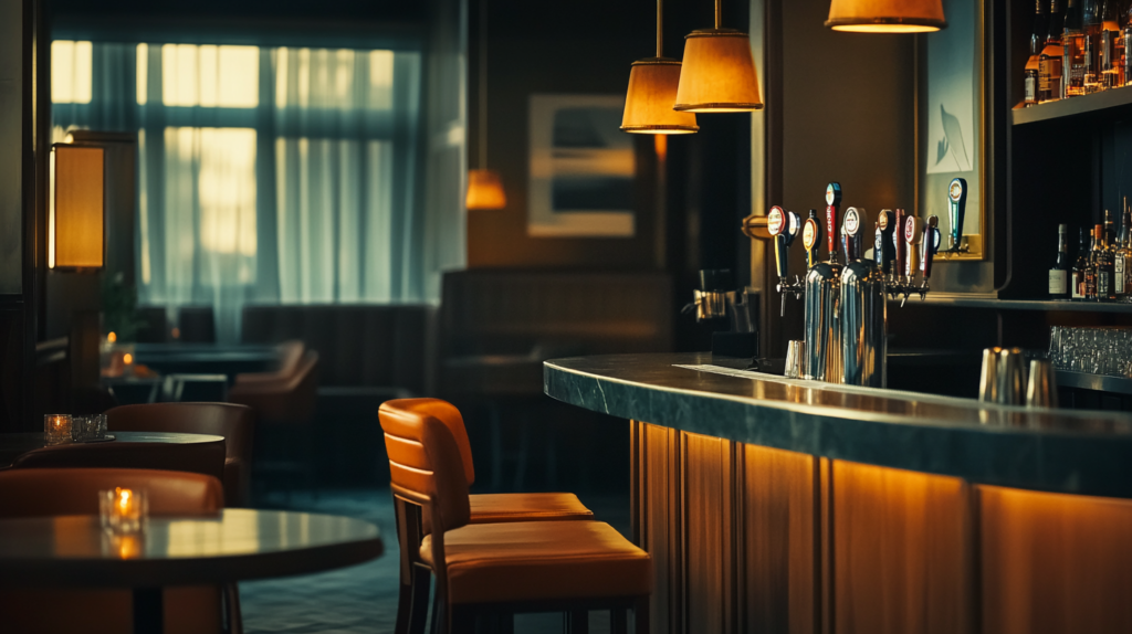 a bar with beer taps and chairs