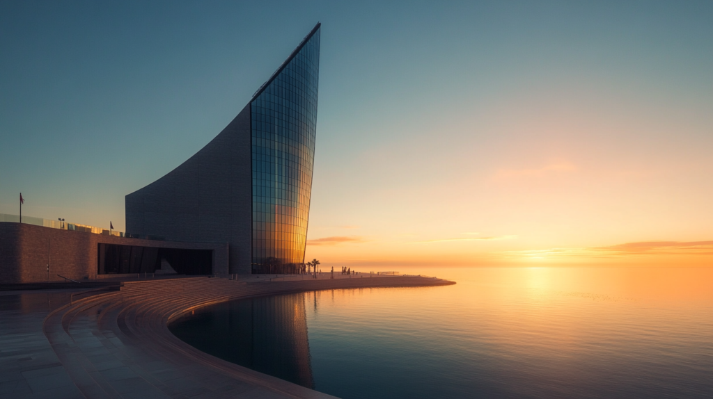 a building next to a body of water