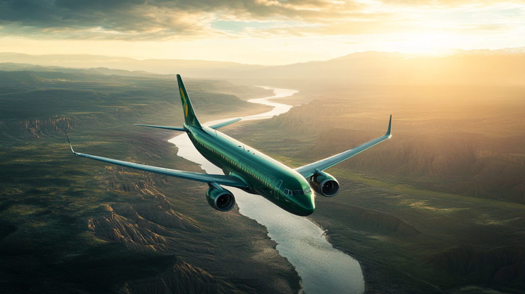 a green airplane flying over a valley