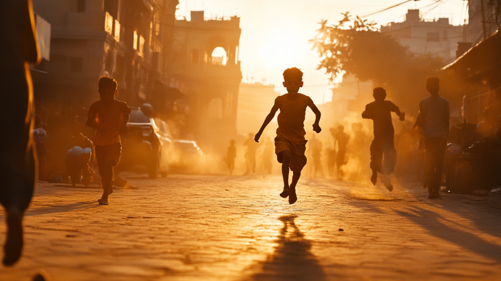 a group of people running on a street