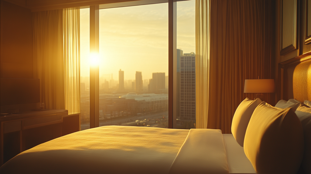 a bed with a view of a city
