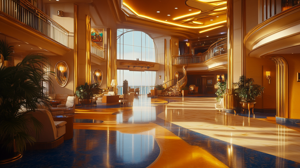 a large lobby with a staircase and large windows