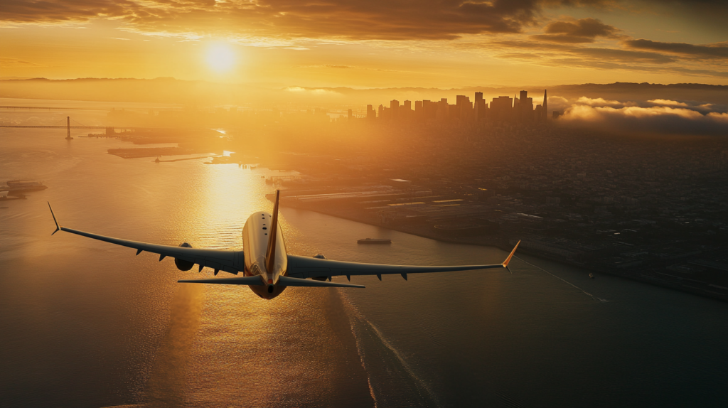an airplane flying over water and city