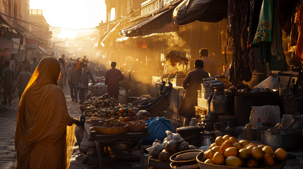 a group of people walking in a street market