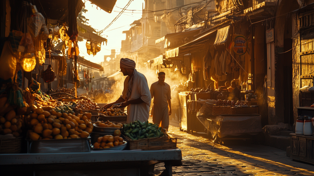 a group of people standing in a street with fruit