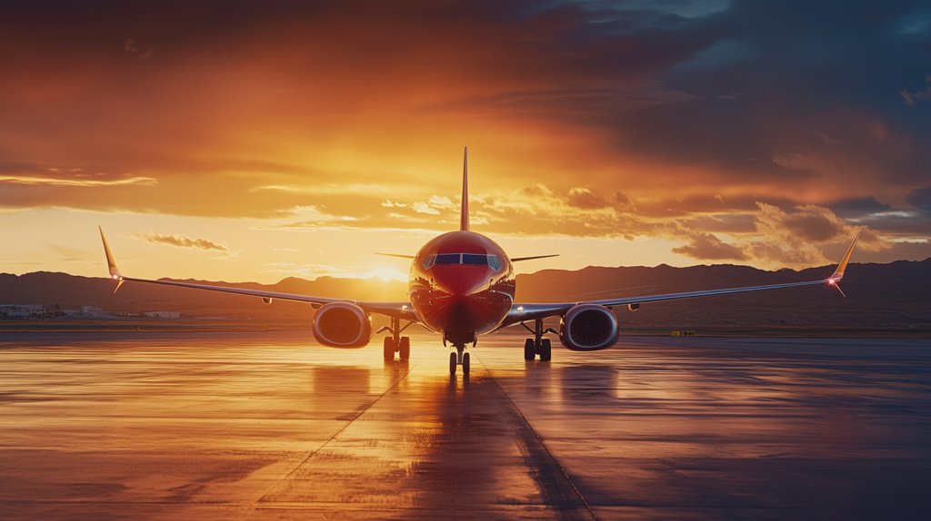 a plane on the runway at sunset