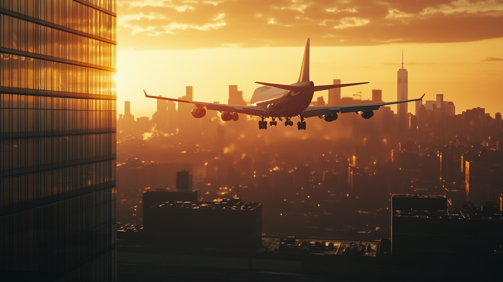 an airplane flying over a city