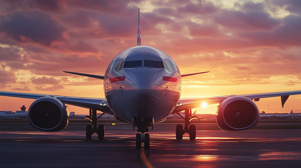 a plane on the runway at sunset