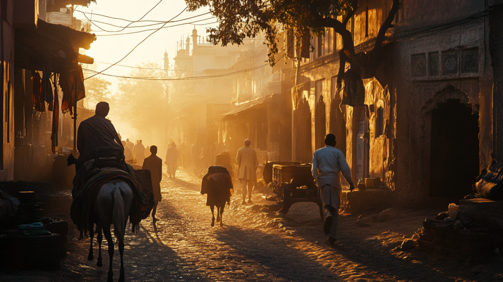 a group of people walking on a street with buildings and horses