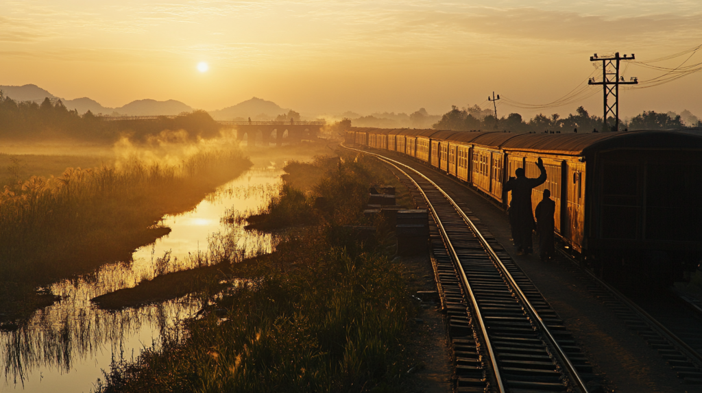 a train going down the tracks with people on it