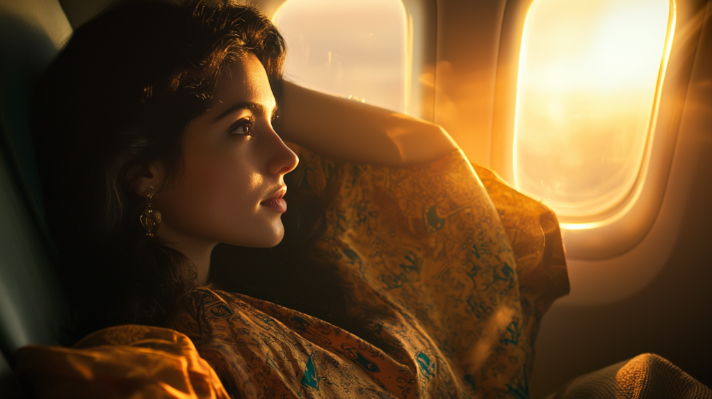 a woman looking out of an airplane window