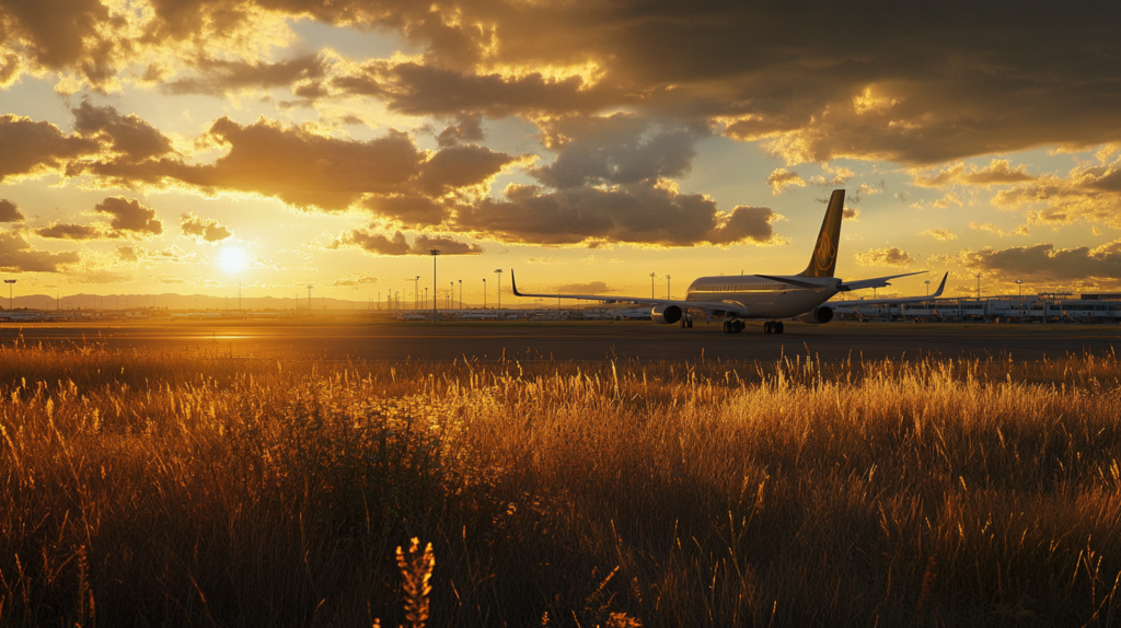 an airplane on a runway at sunset
