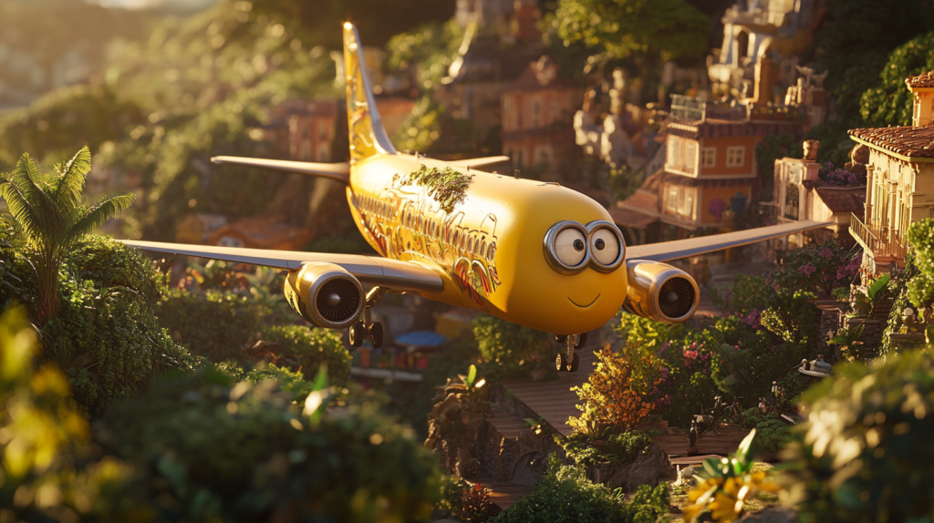 a cartoon airplane flying over a city