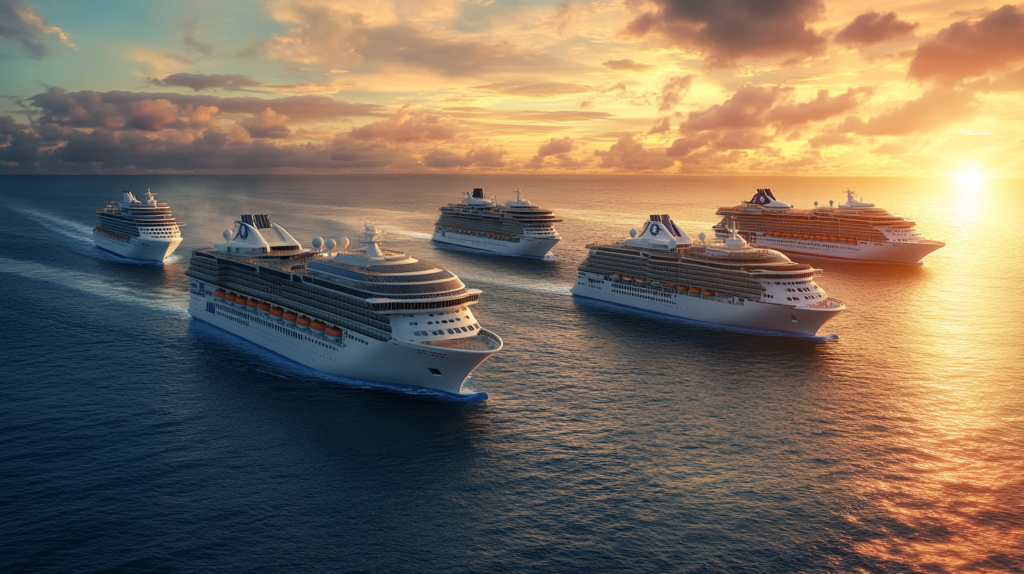 a group of cruise ships in the water