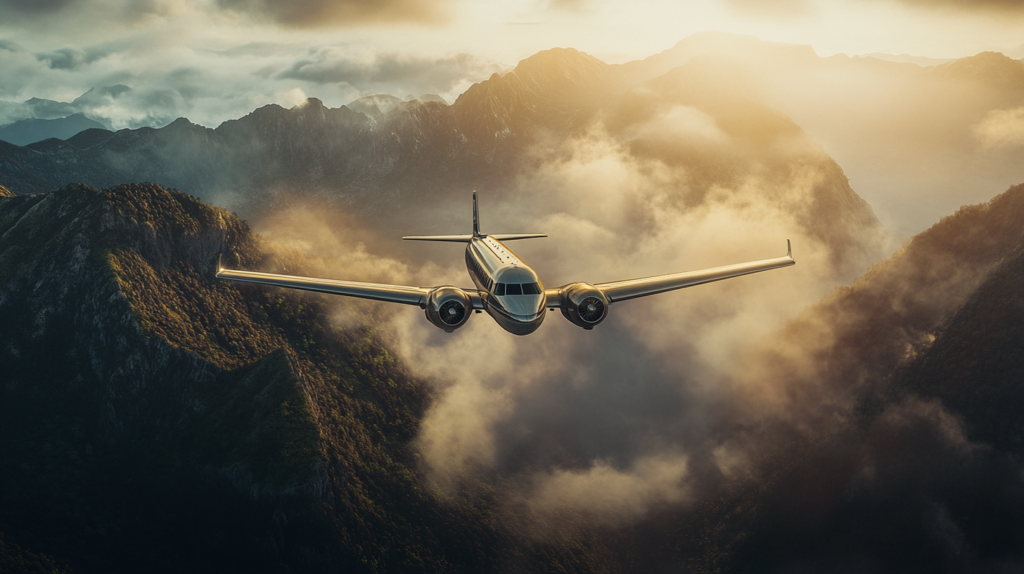 an airplane flying over mountains