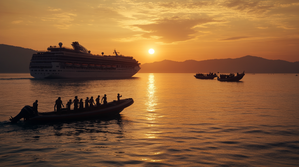 a group of people on a boat in the water