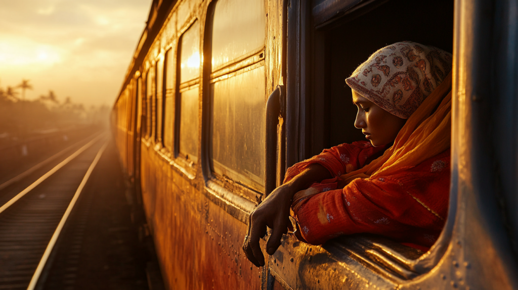 a woman looking out of a window of a train