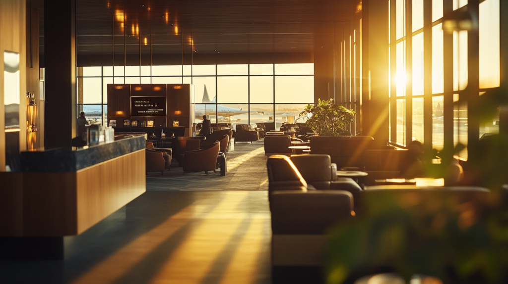 a lounge area with a large window