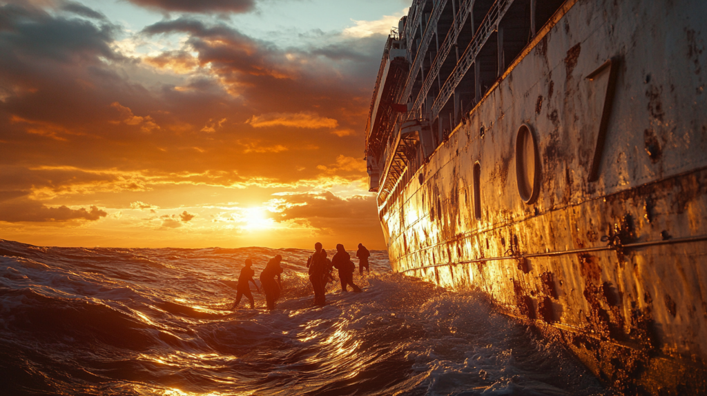 a group of people walking in the water