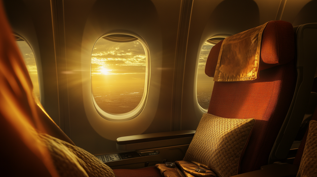 a seat in an airplane with a view of the sunset