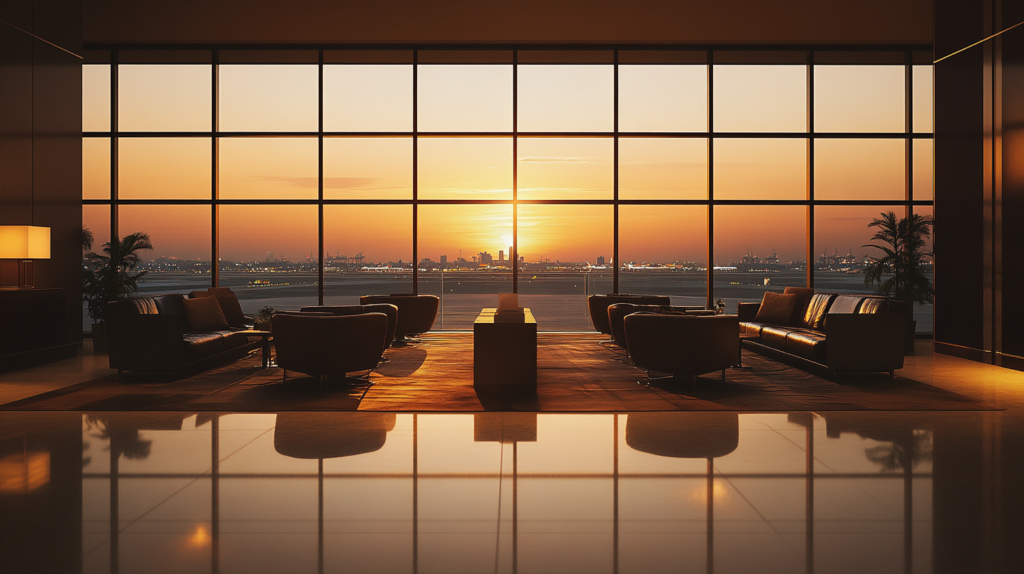 a large room with a view of the city from the window