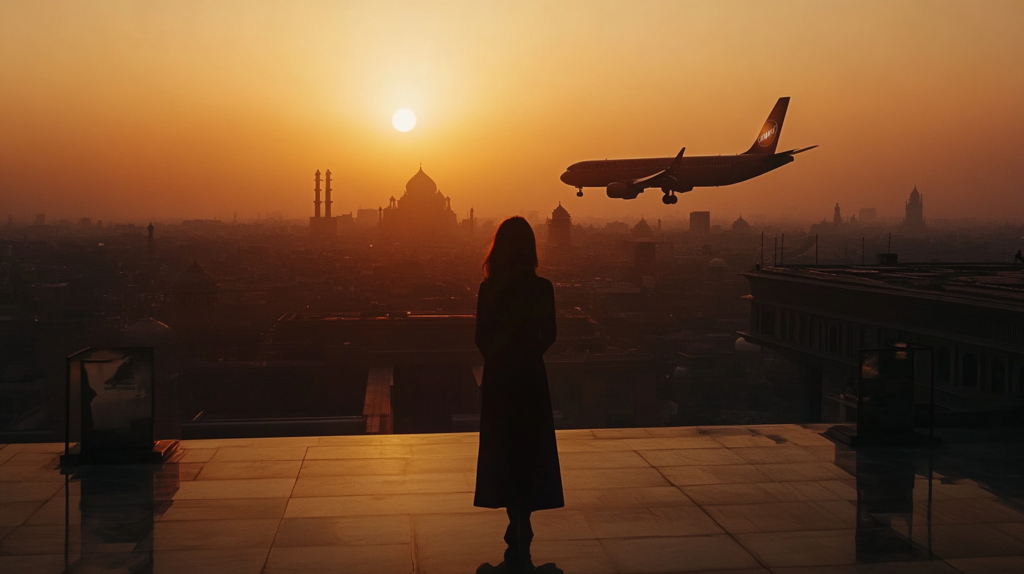 a woman standing on a rooftop looking at an airplane flying over a city