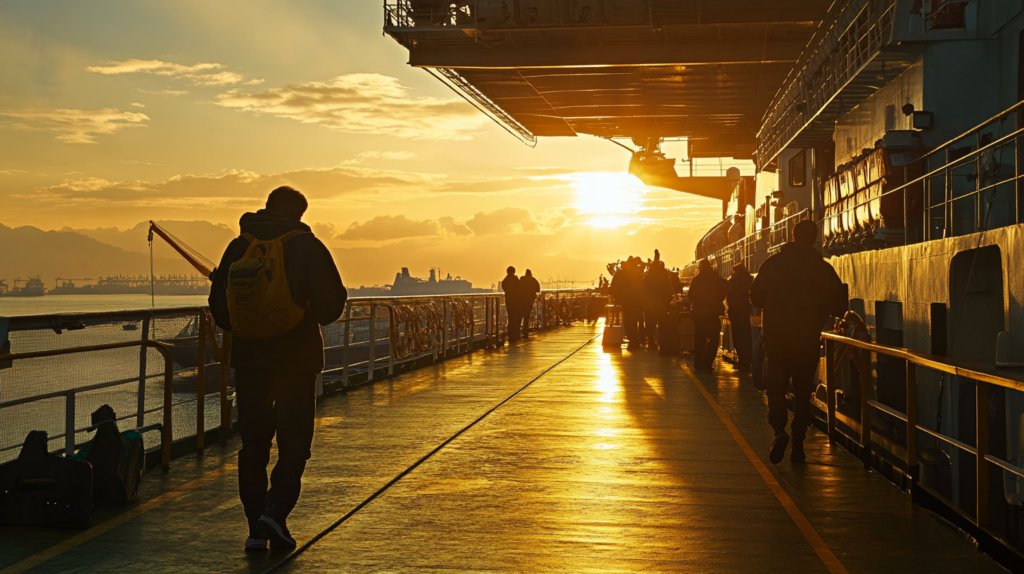 a group of people walking on a dock