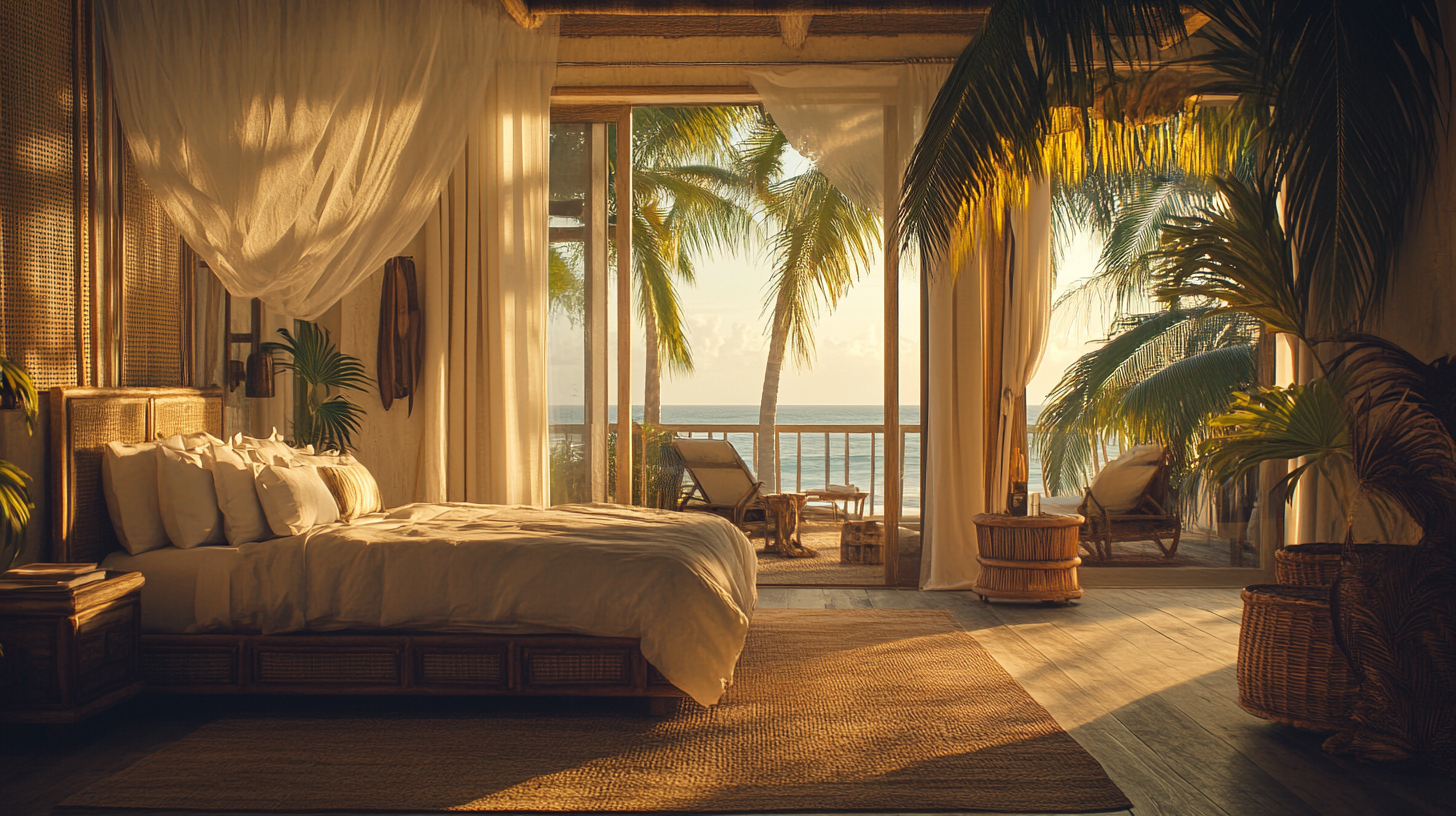 a bedroom with palm trees and a view of the ocean