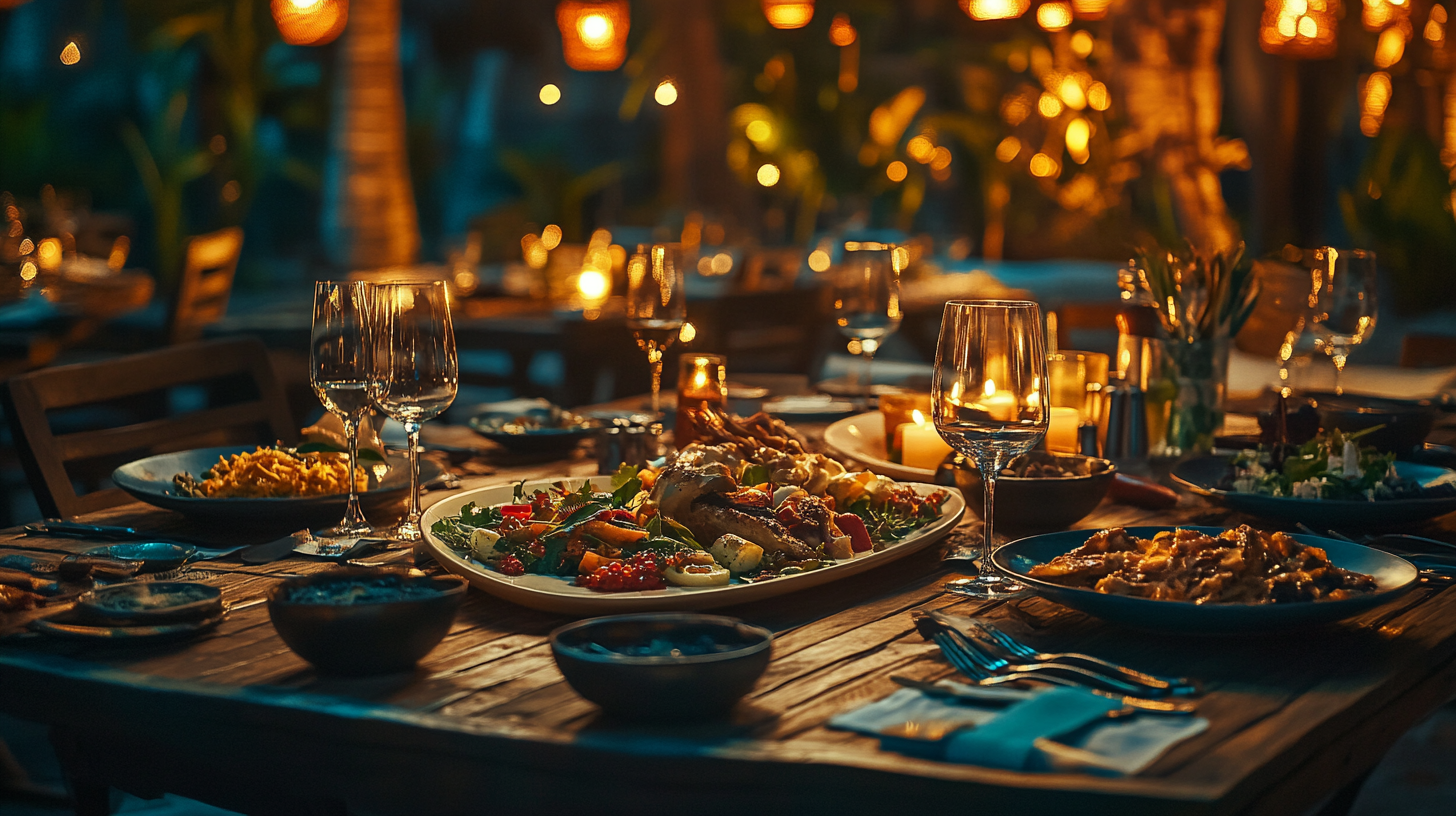 a table with plates of food and glasses