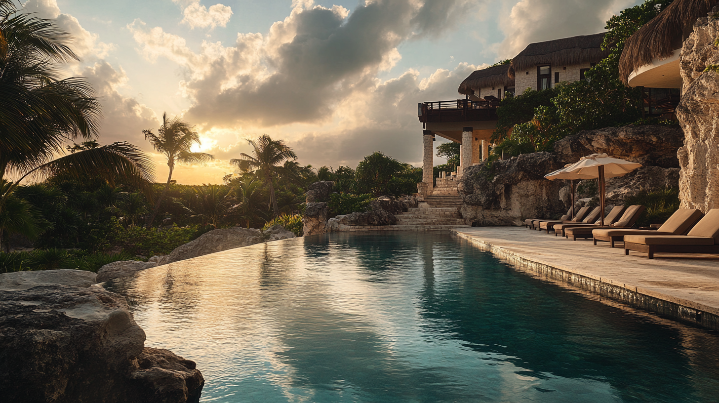 a pool with a house and trees in the background