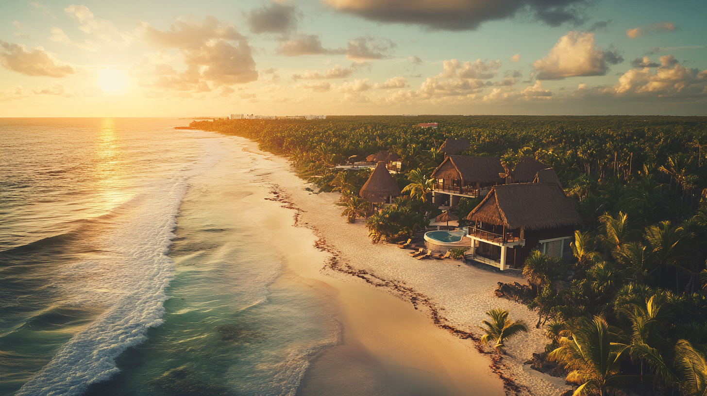 a beach with houses and palm trees