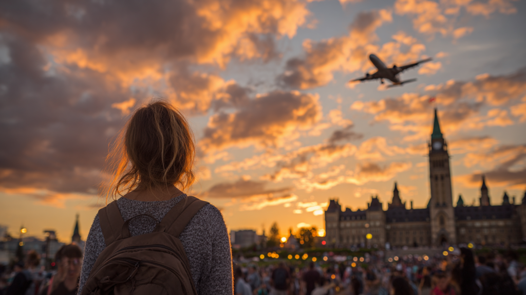 a woman looking at an airplane flying over a crowd of people
