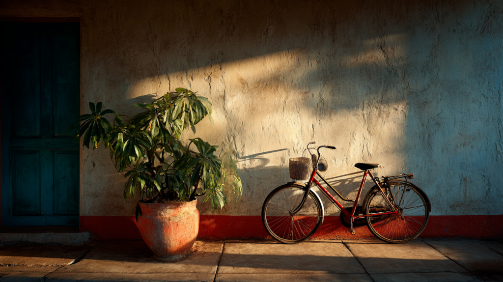 a bicycle and a plant in a pot