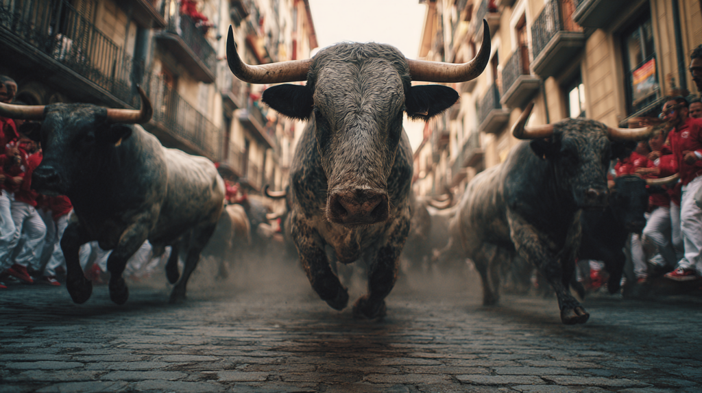 a bull running on a street