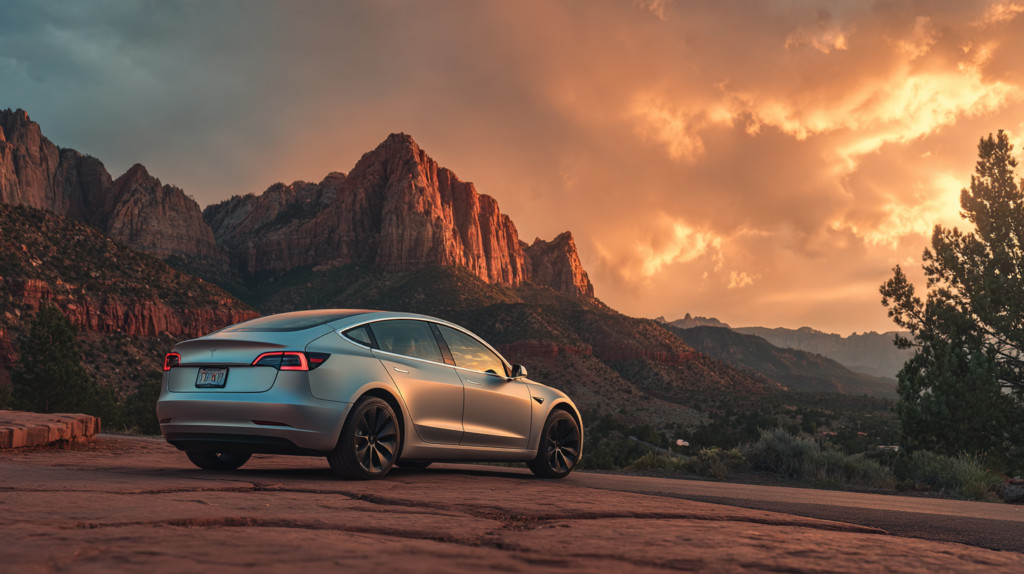 a car parked on a road with mountains in the background