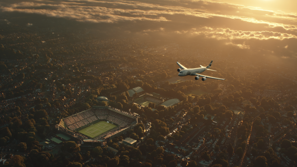 an airplane flying over a stadium