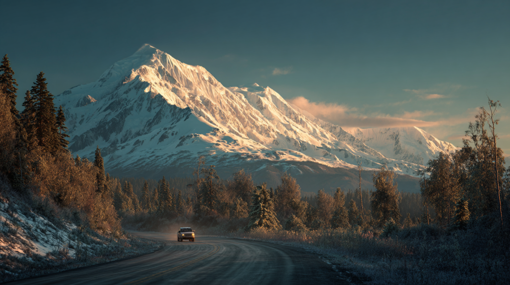 a car driving on a road with snowy mountains in the background