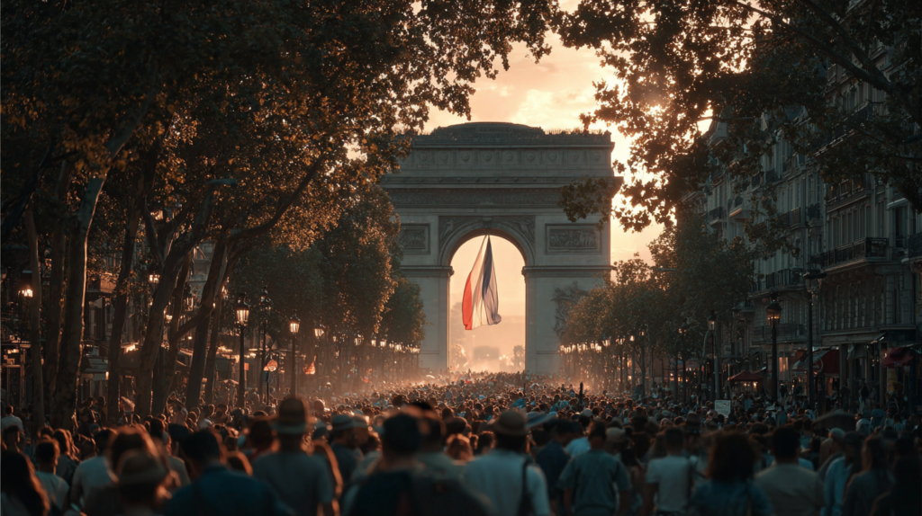 a large crowd of people walking through a large arch