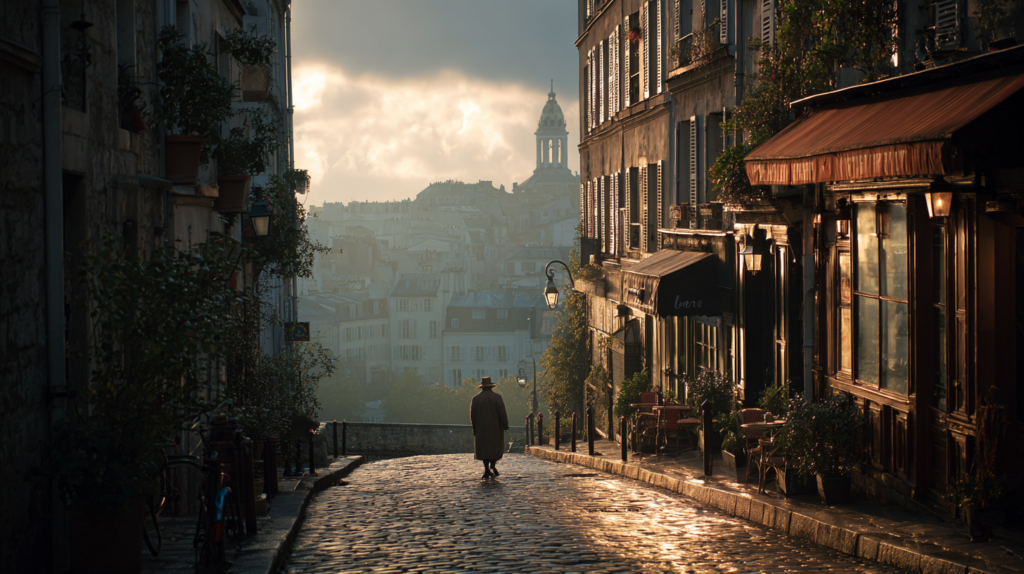 a man walking down a cobblestone street