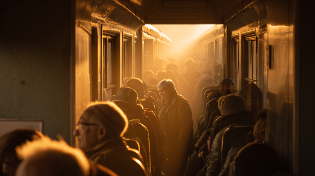a group of people on a train