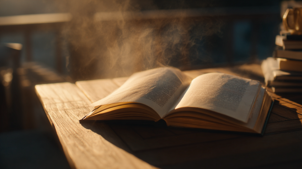 an open book with steam coming out of it