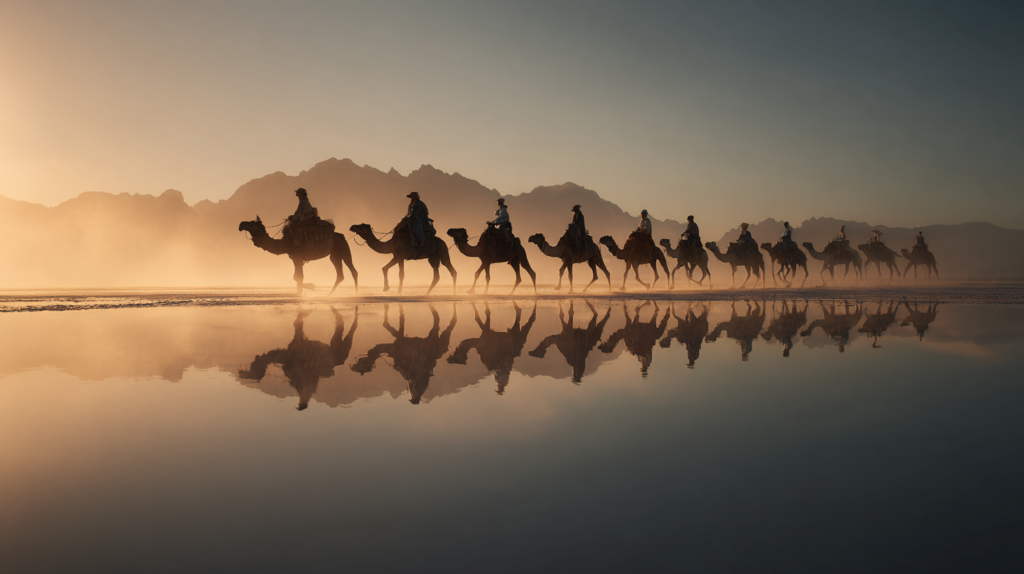 a group of people riding camels on a beach