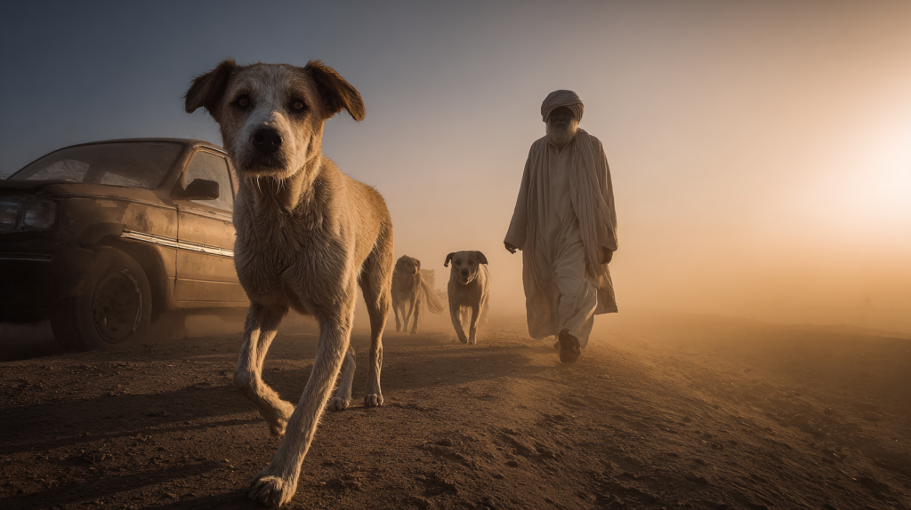a man walking with dogs