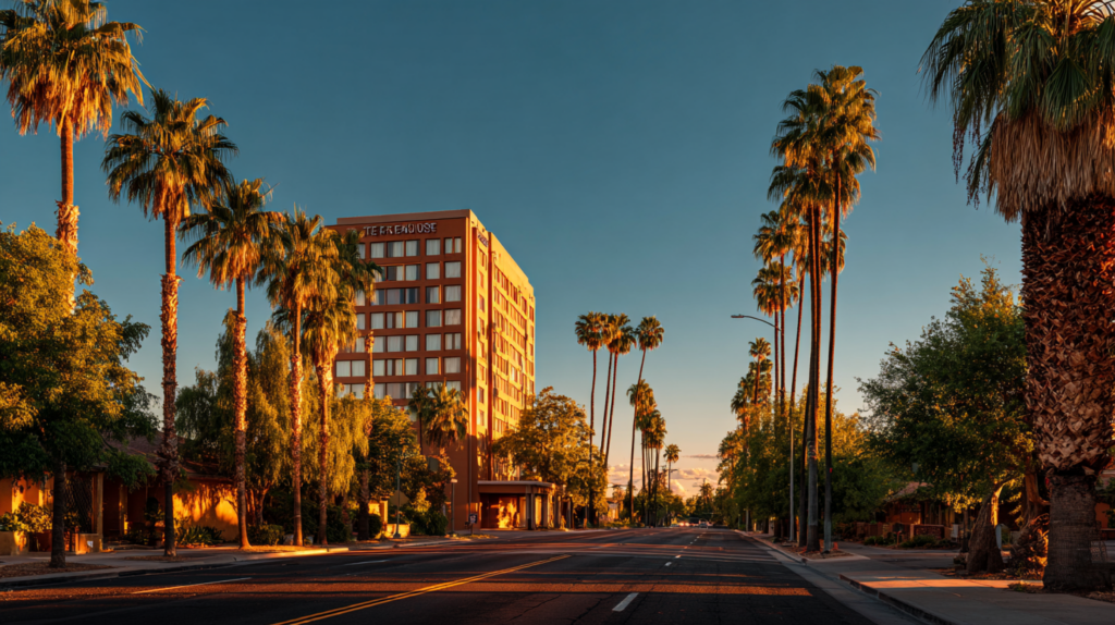 a street with palm trees and Disney's Paradise Pier Hotel