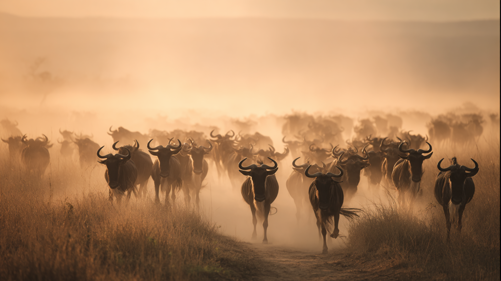 a herd of wildebeest walking on a dirt road