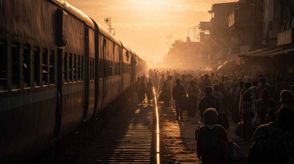 a group of people walking on a train track