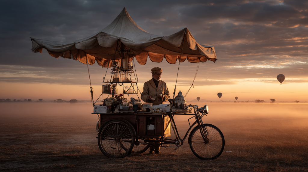 a man standing next to a bicycle with a tent