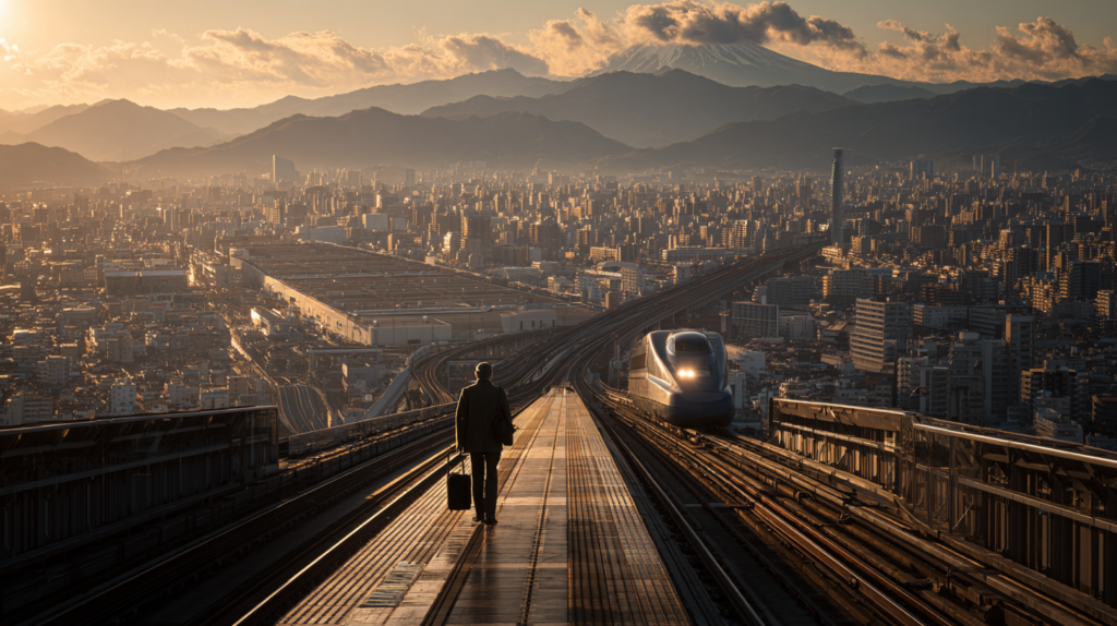 a man walking on a train track with a train in the background