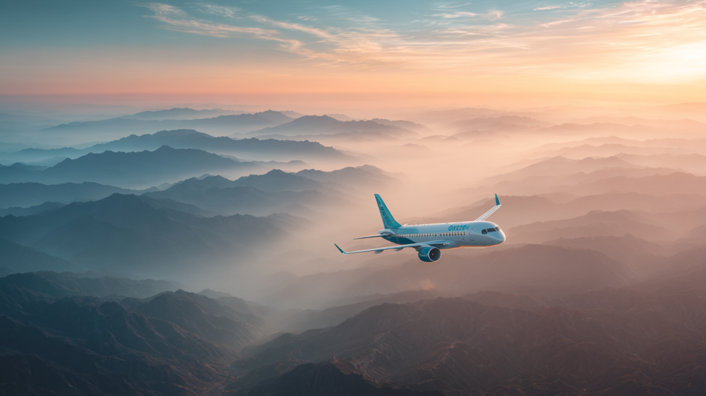 an airplane flying over mountains